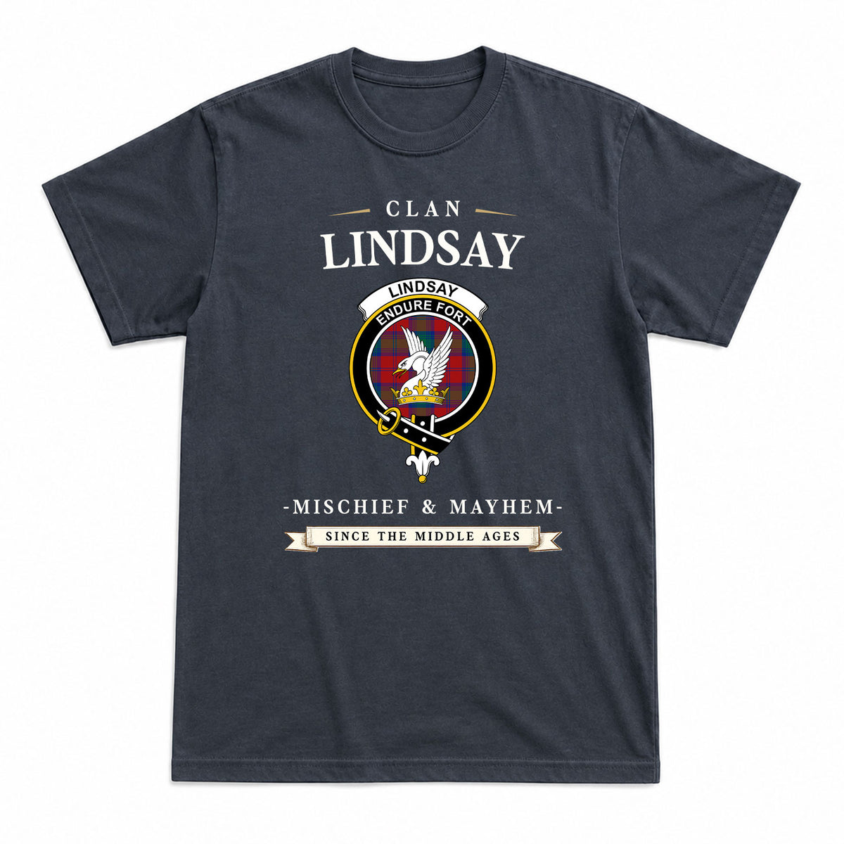 Lindsay Modern Tartan Crest Mischief and Mayhem T-shirt
