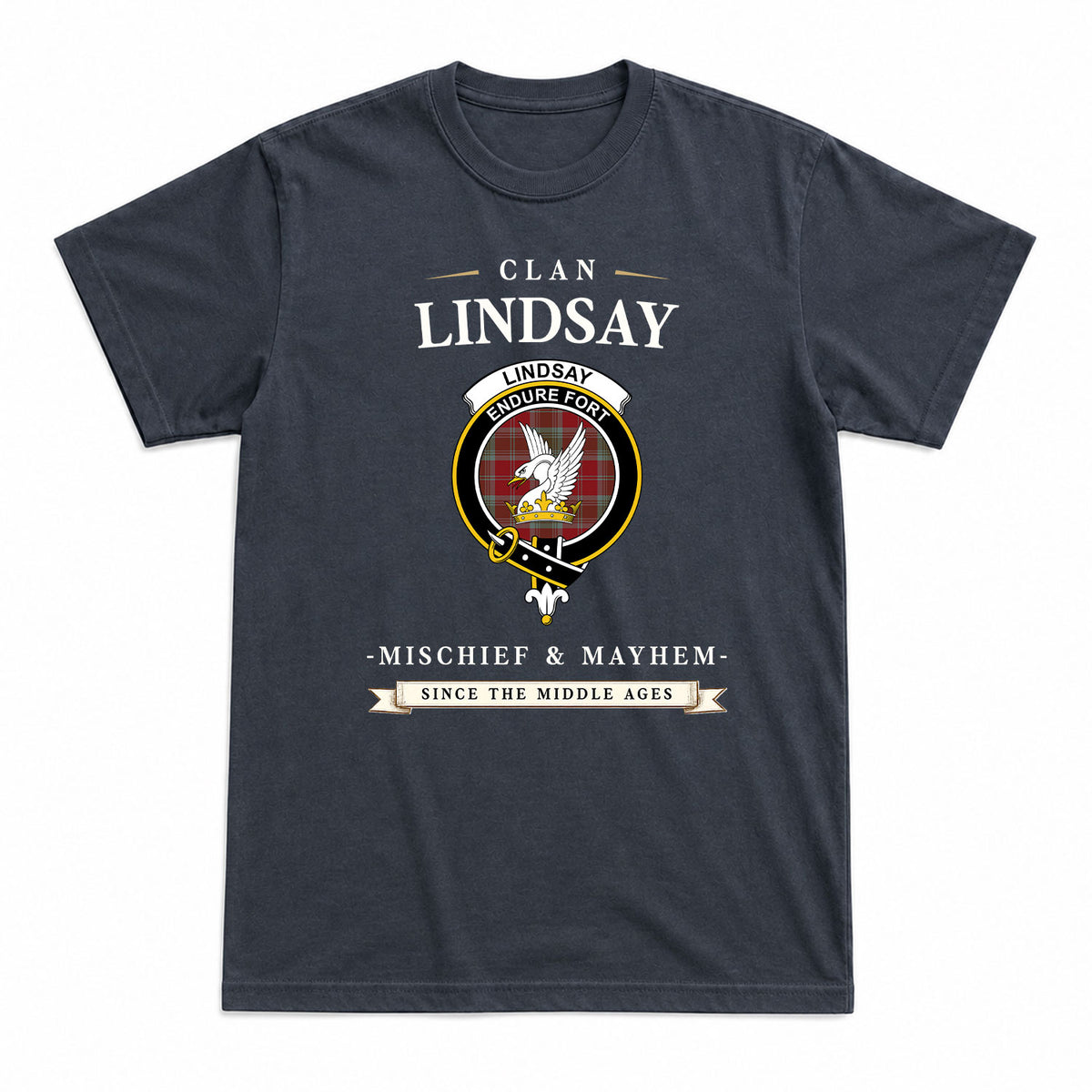 Lindsay Weathered Tartan Crest Mischief and Mayhem T-shirt