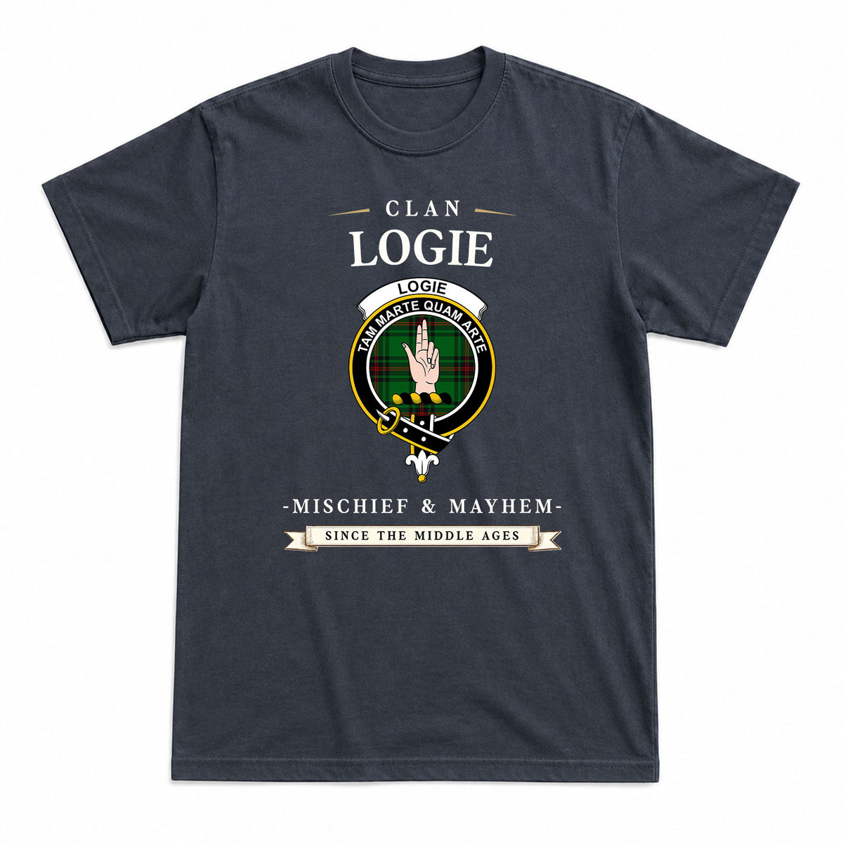 Logie Tartan Crest Mischief and Mayhem T-shirt