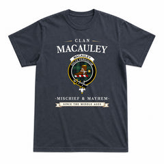 MacAuley Hunting Ancient Tartan Crest Mischief and Mayhem T-shirt