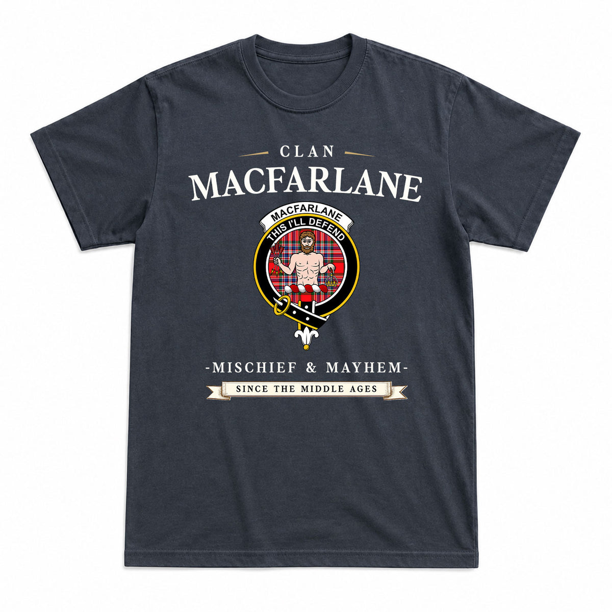 MacFarlane Modern Tartan Crest Mischief and Mayhem T-shirt