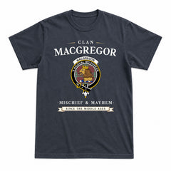 MacGregor Hunting Ancient Tartan Crest Mischief and Mayhem T-shirt