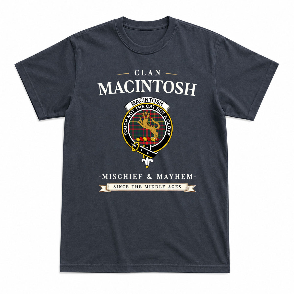 MacIntosh Hunting Modern Tartan Crest Mischief and Mayhem T-shirt