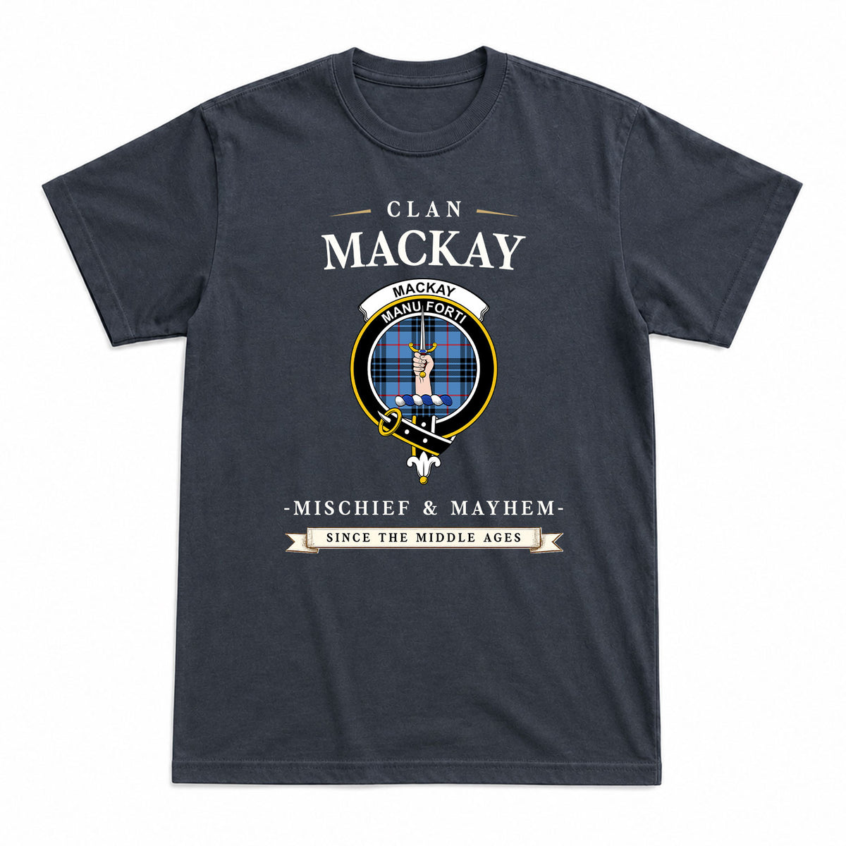 MacKay Blue Tartan Crest Mischief and Mayhem T-shirt