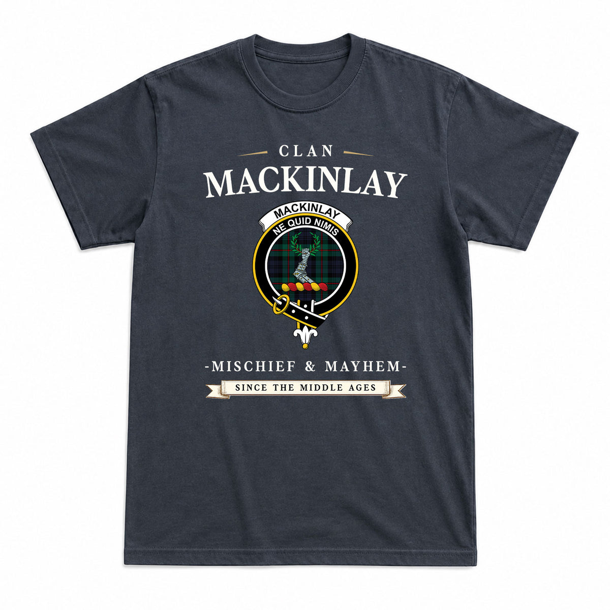 MacKinlay Modern Tartan Crest Mischief and Mayhem T-shirt