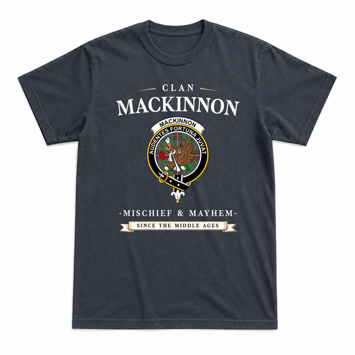 MacKinnon Hunting Ancient Tartan Crest Mischief and Mayhem T-shirt