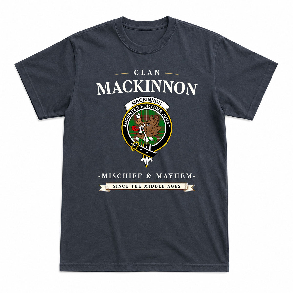 MacKinnon Hunting Modern Tartan Crest Mischief and Mayhem T-shirt