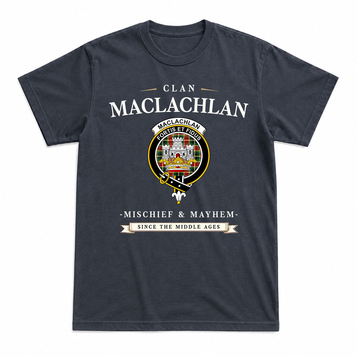 MacLachlan Hunting Modern Tartan Crest Mischief and Mayhem T-shirt