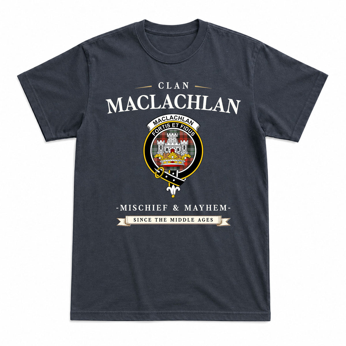 MacLachlan Weathered Tartan Crest Mischief and Mayhem T-shirt