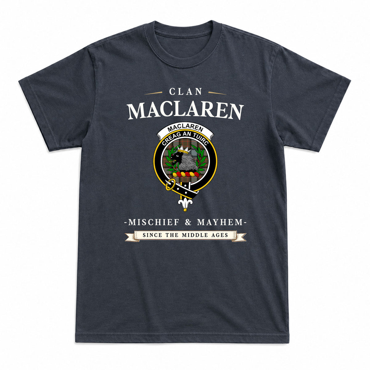 MacLaren Weathered Tartan Crest Mischief and Mayhem T-shirt