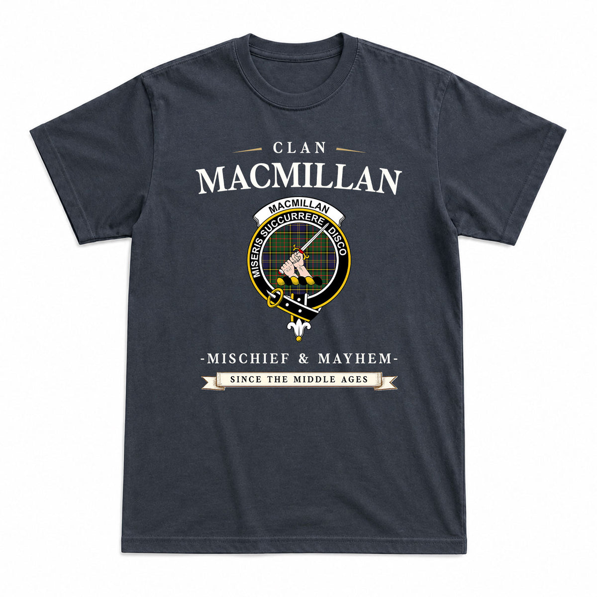 MacMillan Hunting Modern Tartan Crest Mischief and Mayhem T-shirt