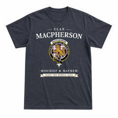 MacPherson Hunting Modern Tartan Crest Mischief and Mayhem T-shirt