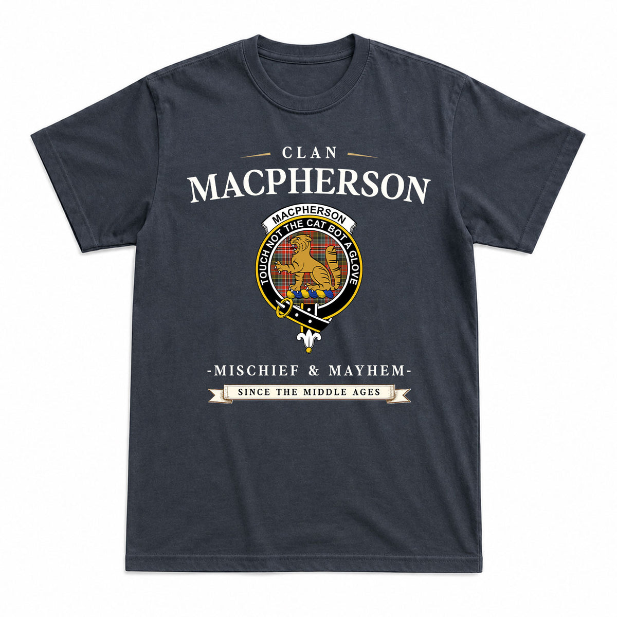 MacPherson Weathered Tartan Crest Mischief and Mayhem T-shirt