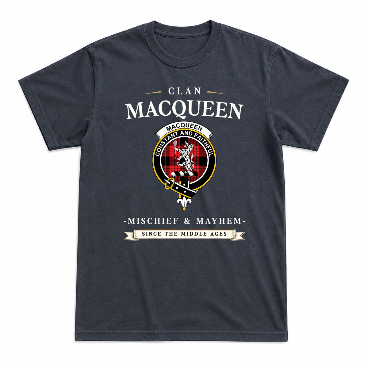 MacQueen Modern Tartan Crest Mischief and Mayhem T-shirt