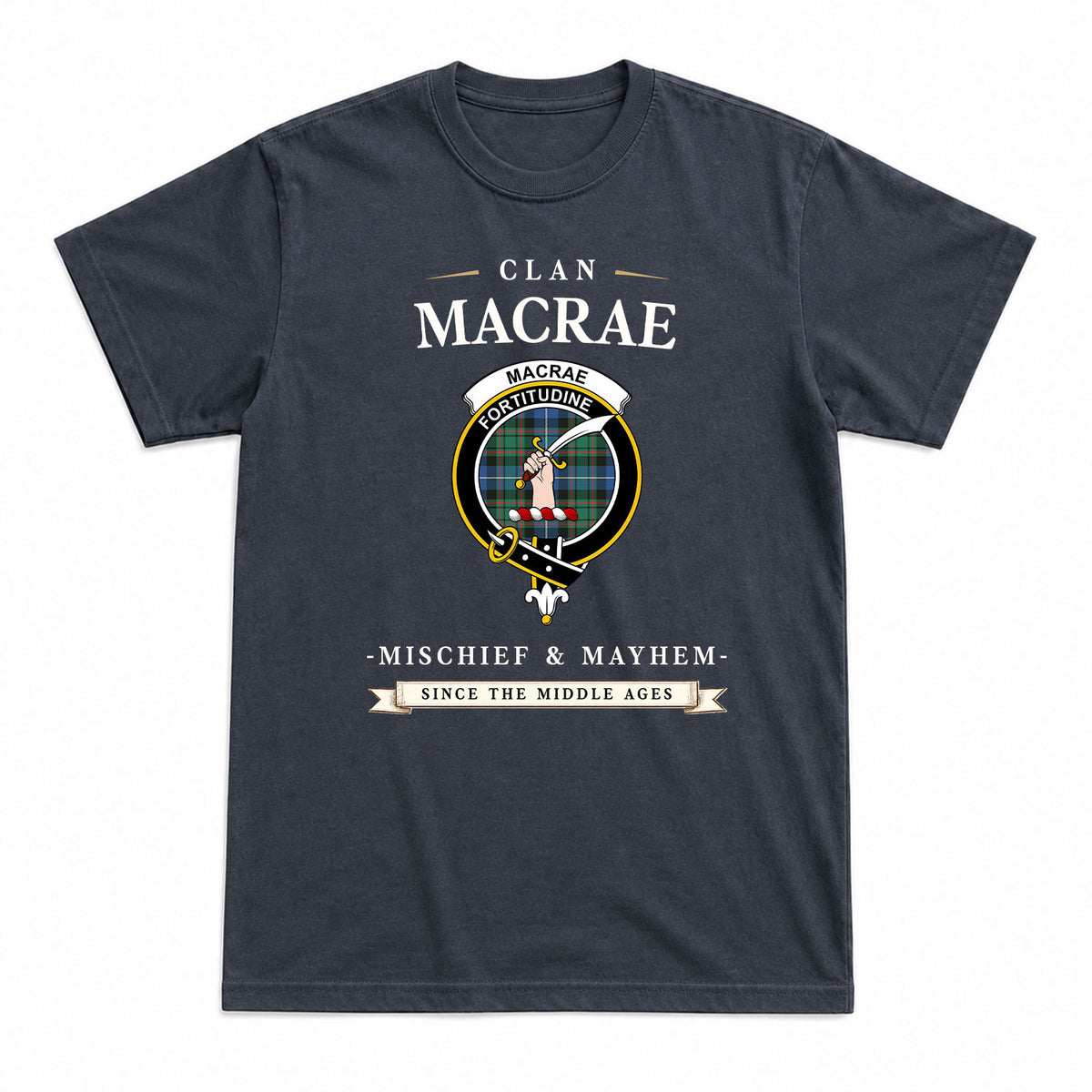 MacRae Hunting Ancient Tartan Crest Mischief and Mayhem T-shirt