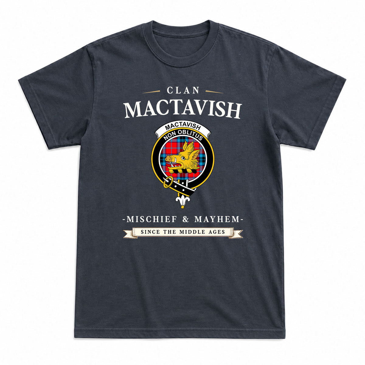 MacTavish Modern Tartan Crest Mischief and Mayhem T-shirt