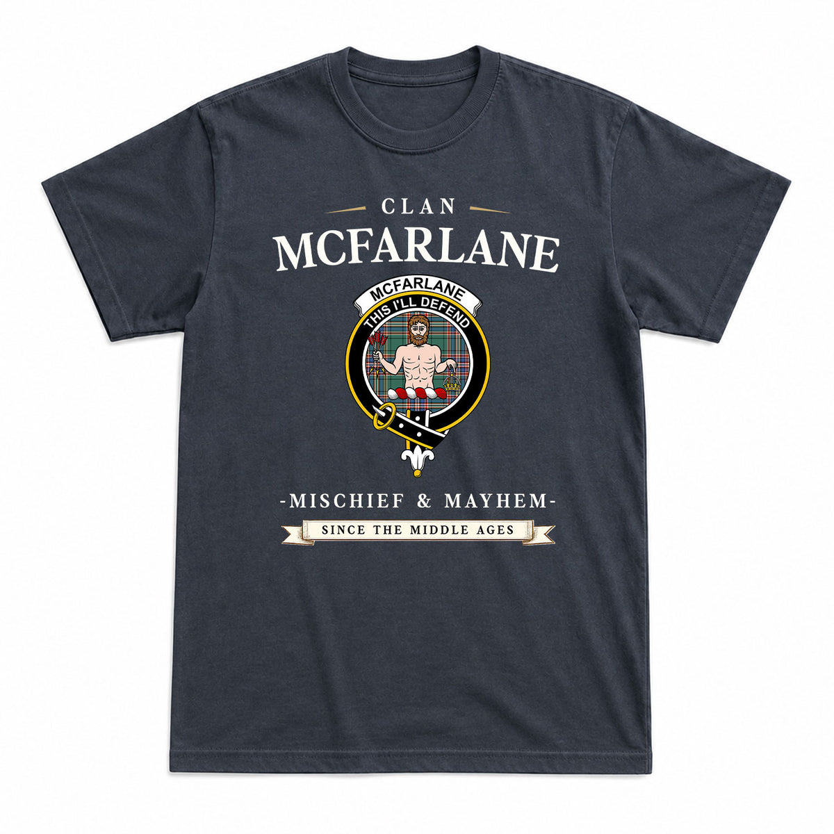 McFarlane Hunting Ancient Tartan Crest Mischief and Mayhem T-shirt