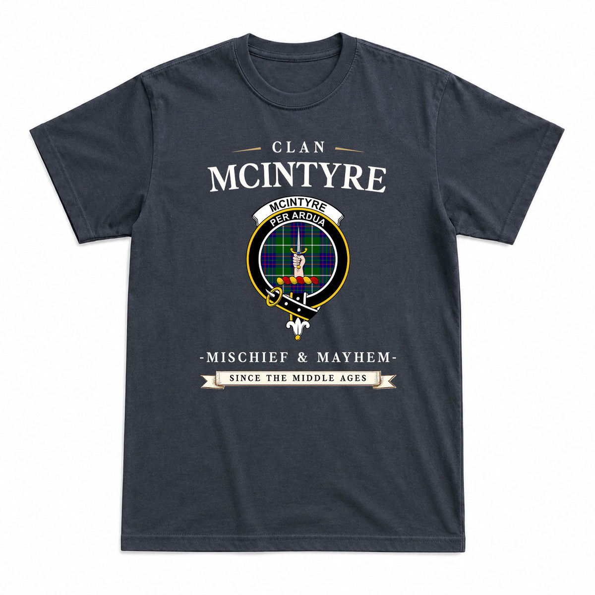 McIntyre Hunting Modern Tartan Crest Mischief and Mayhem T-shirt