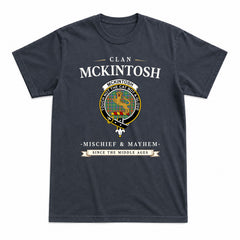 McKintosh Hunting Ancient Tartan Crest Mischief and Mayhem T-shirt
