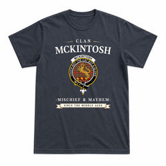 McKintosh Hunting Weathered Tartan Crest Mischief and Mayhem T-shirt