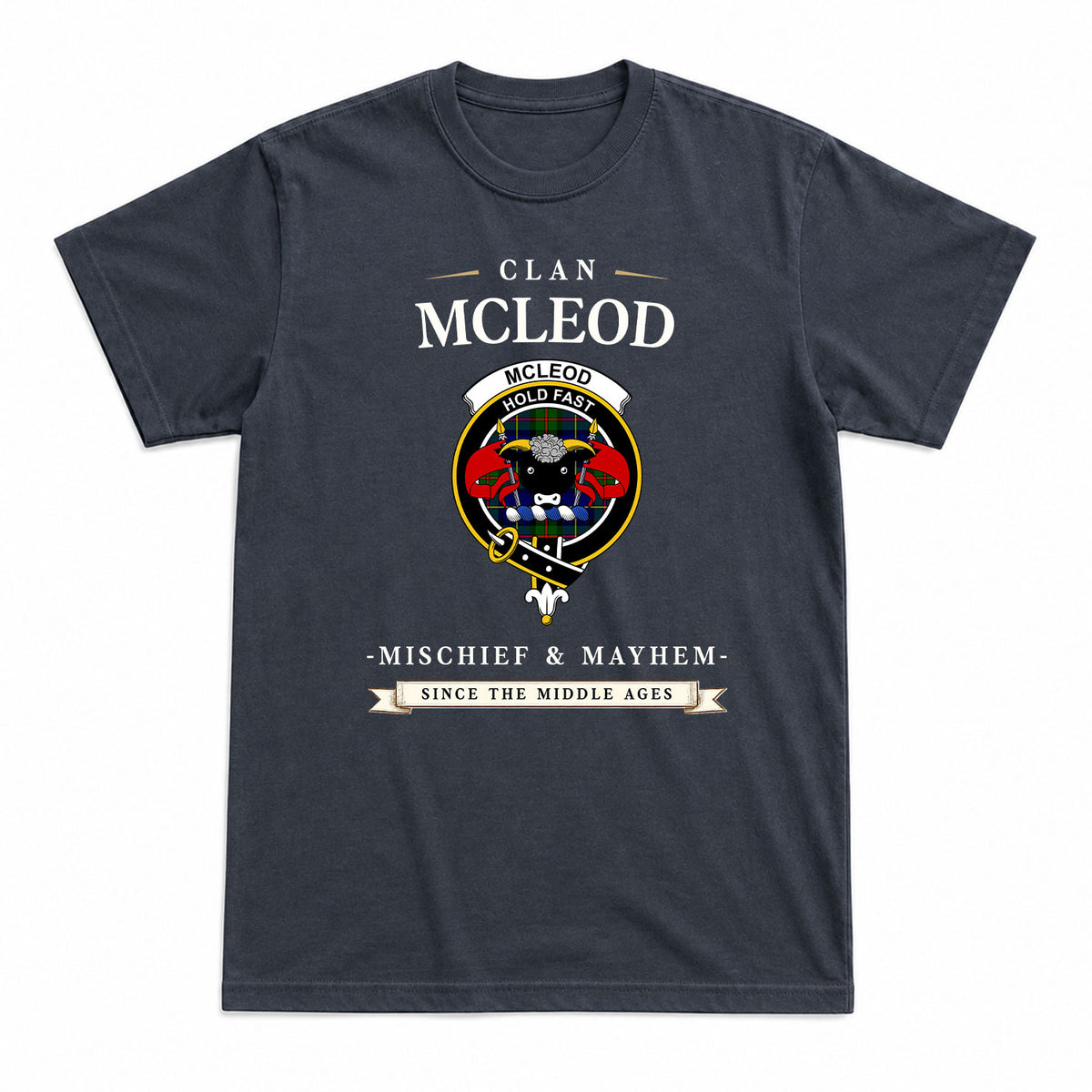 McLeod of Harris Modern Tartan Crest Mischief and Mayhem T-shirt