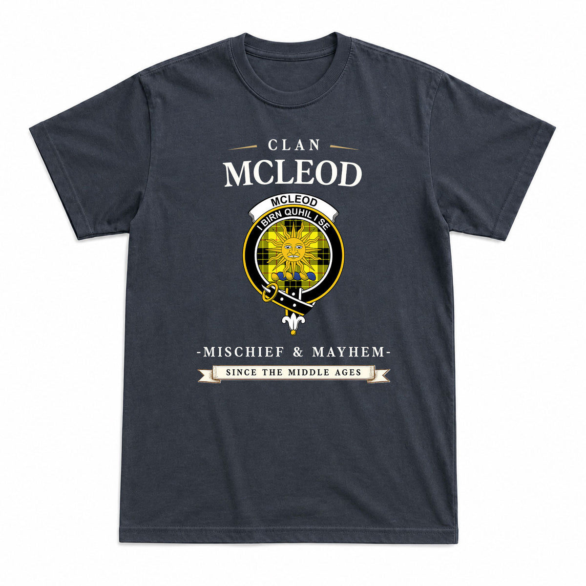 McLeod of Lewis Modern Tartan Crest Mischief and Mayhem T-shirt