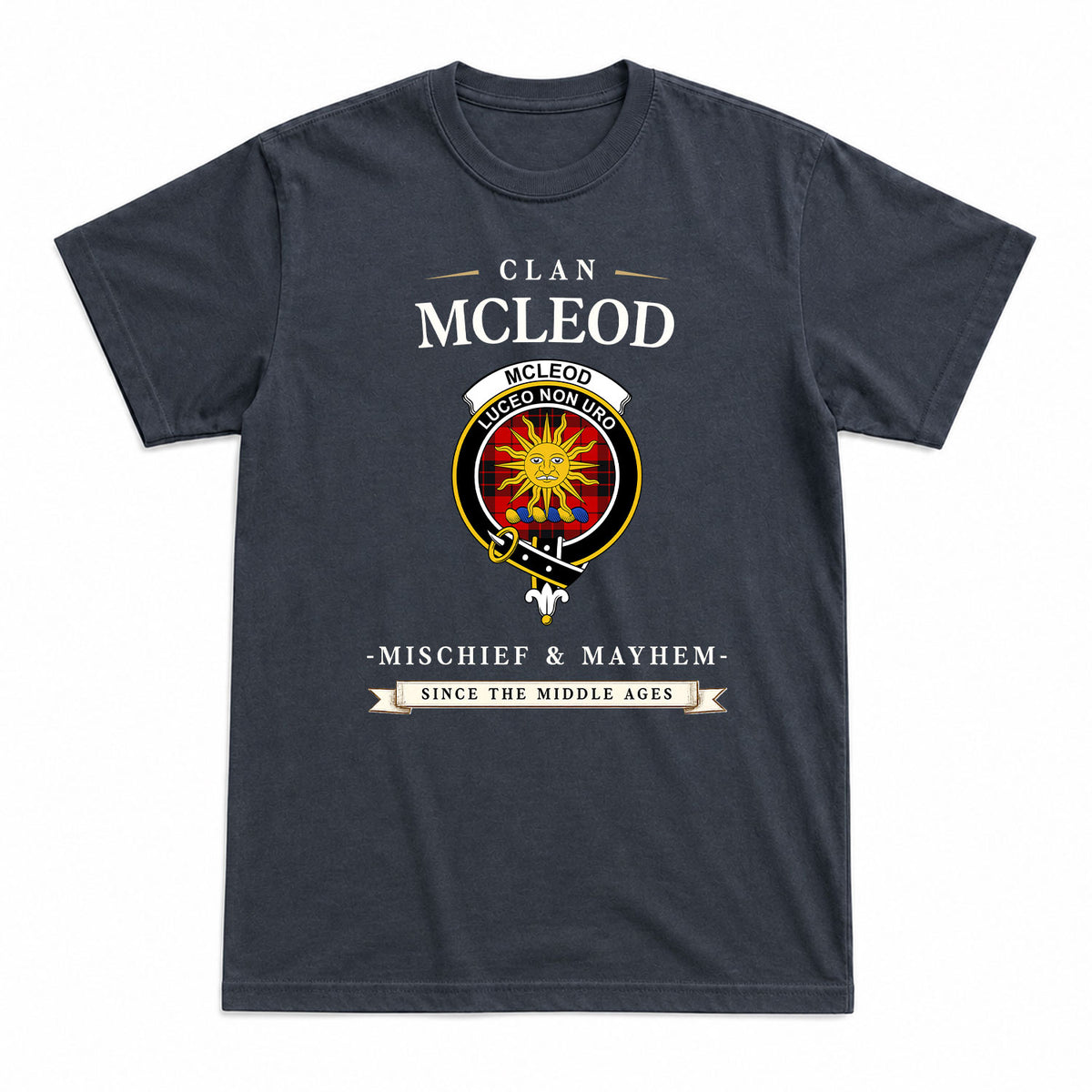 McLeod of Raasay Tartan Crest Mischief and Mayhem T-shirt