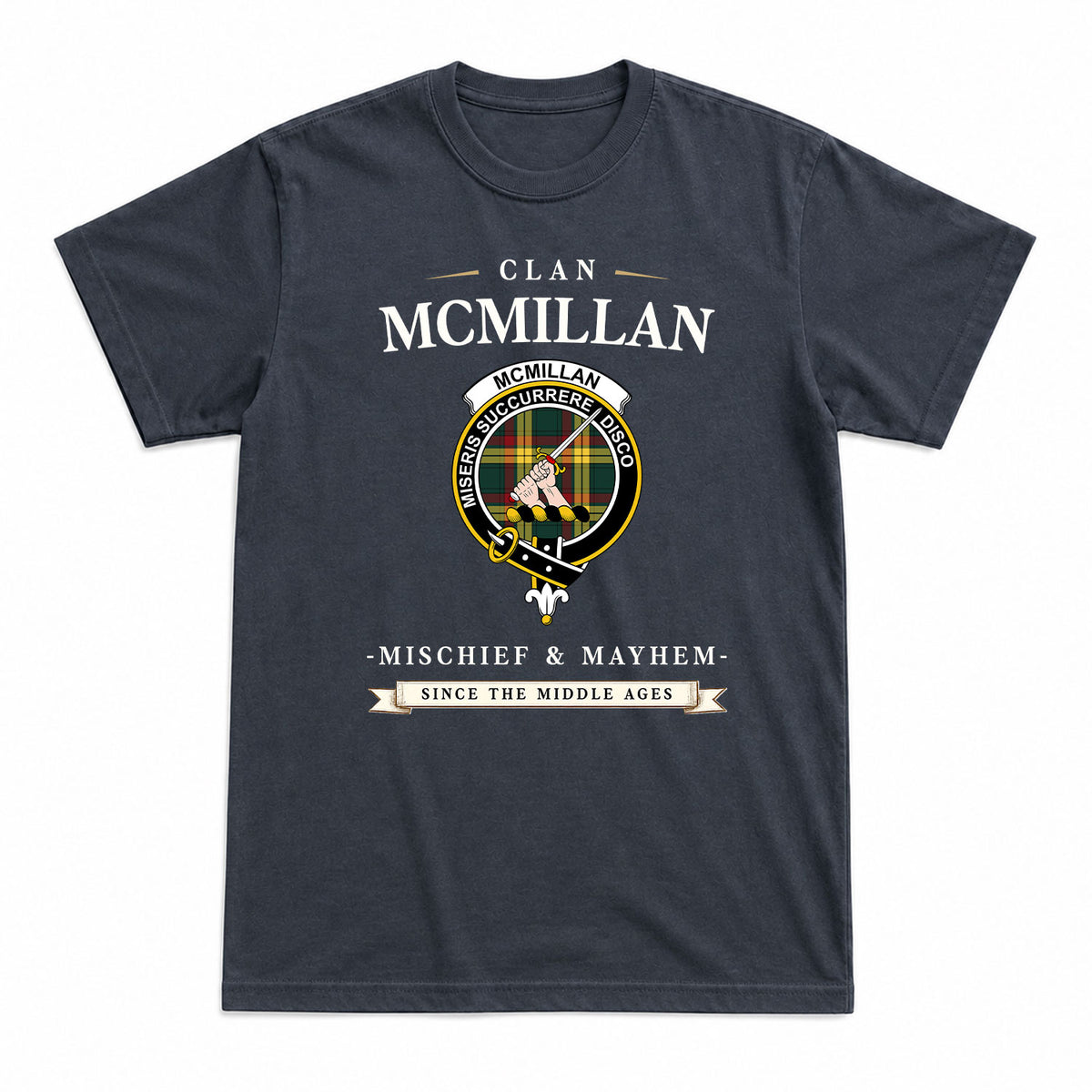 McMillan Old Modern Tartan Crest Mischief and Mayhem T-shirt