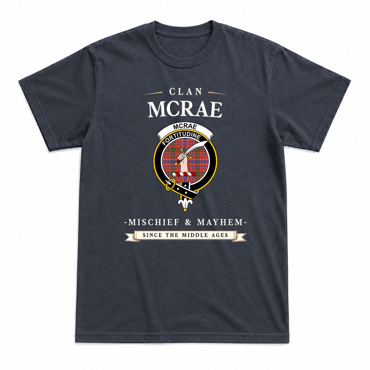 McRae Ancient Tartan Crest Mischief and Mayhem T-shirt
