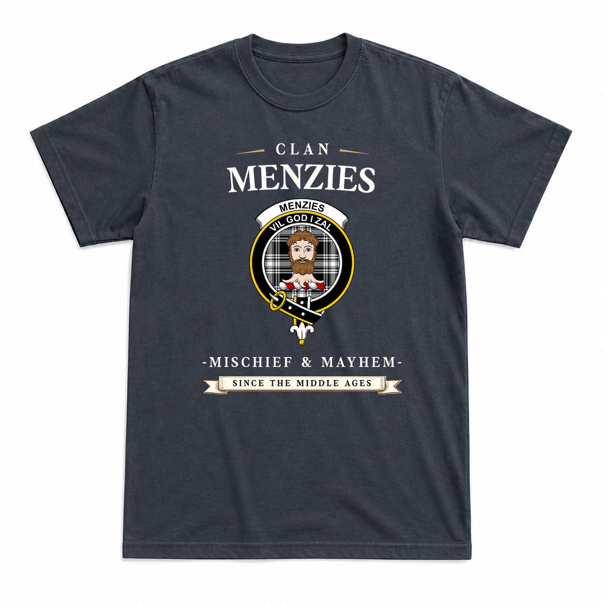 Menzies Black - White Modern Tartan Crest Mischief and Mayhem T-shirt