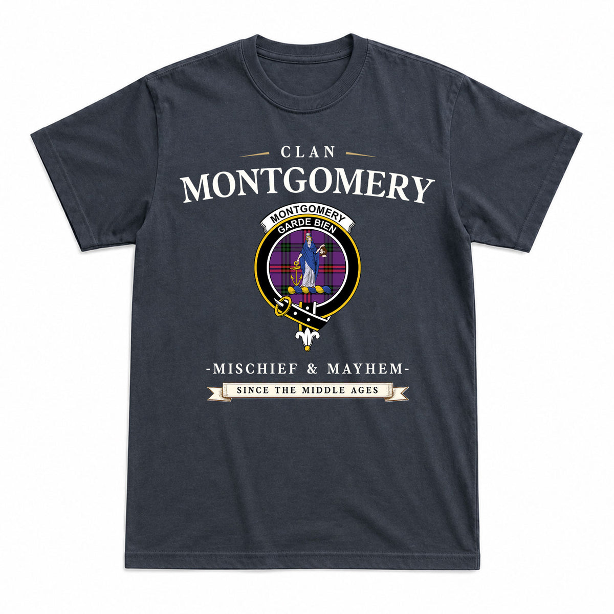 Montgomery Modern Tartan Crest Mischief and Mayhem T-shirt