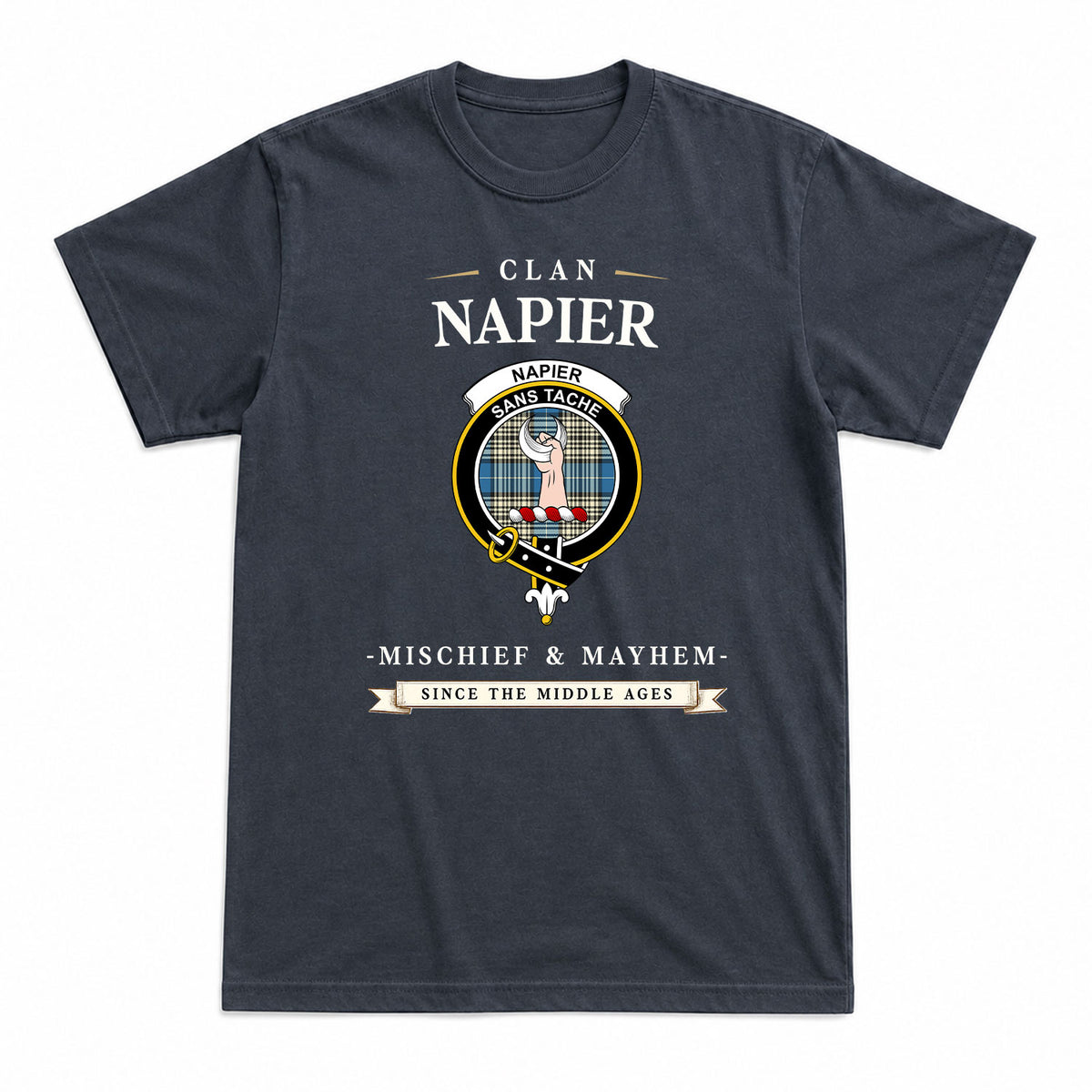 Napier Ancient Tartan Crest Mischief and Mayhem T-shirt