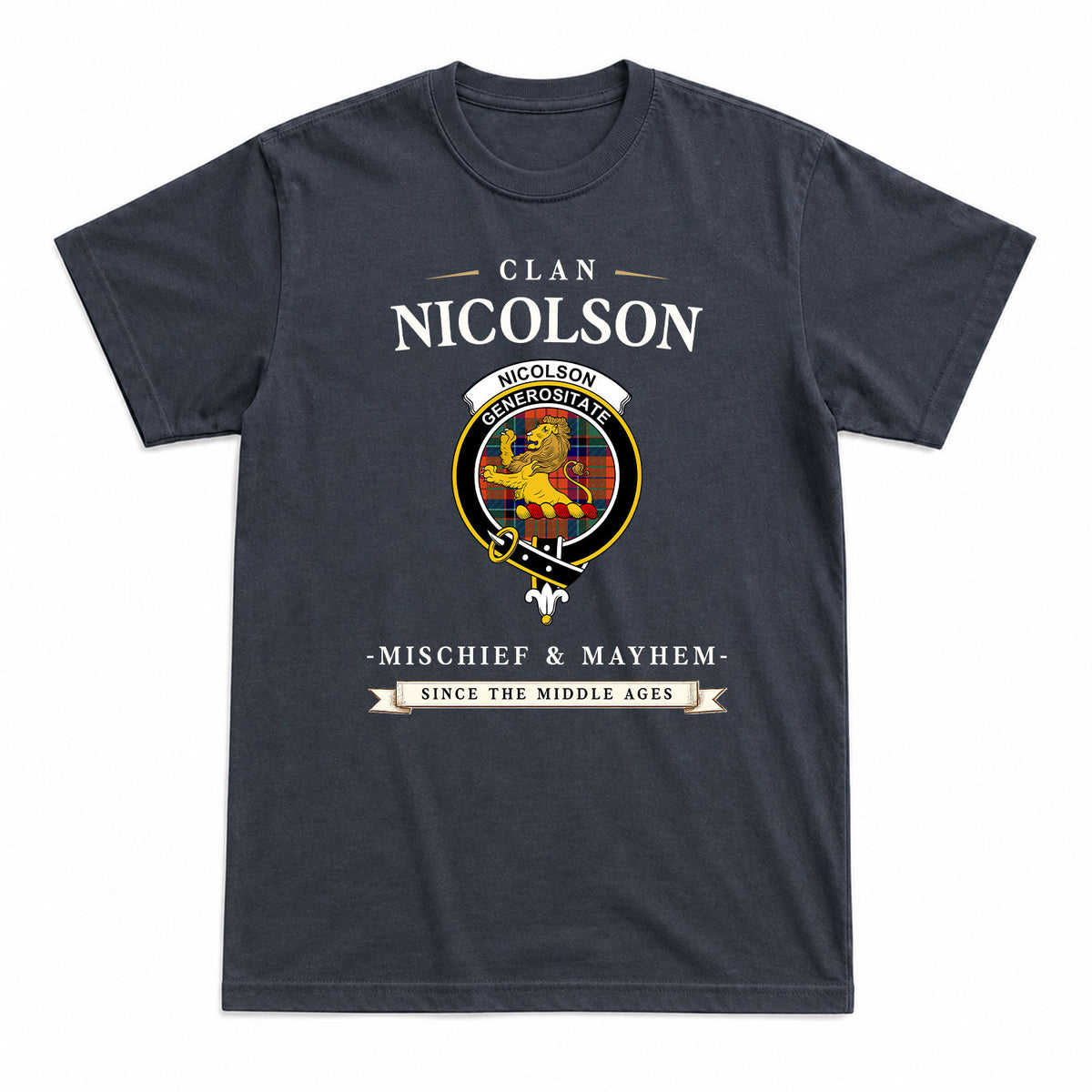 Nicolson Ancient Old Tartan Crest Mischief and Mayhem T-shirt