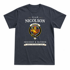 Nicolson Ancient Old Tartan Crest Mischief and Mayhem T-shirt