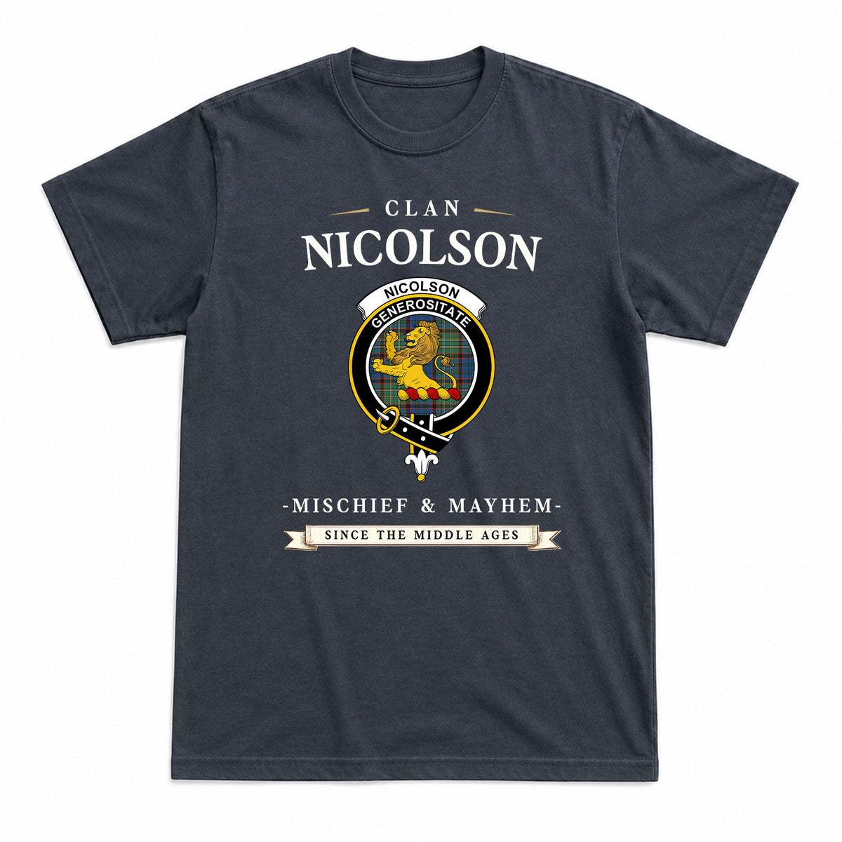 Nicolson Hunting Ancient Tartan Crest Mischief and Mayhem T-shirt