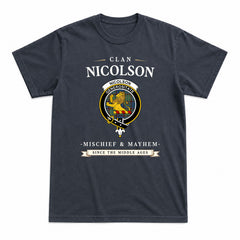 Nicolson Hunting Ancient Tartan Crest Mischief and Mayhem T-shirt