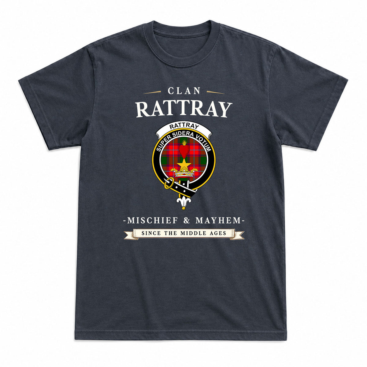 Rattray Modern Tartan Crest Mischief and Mayhem T-shirt