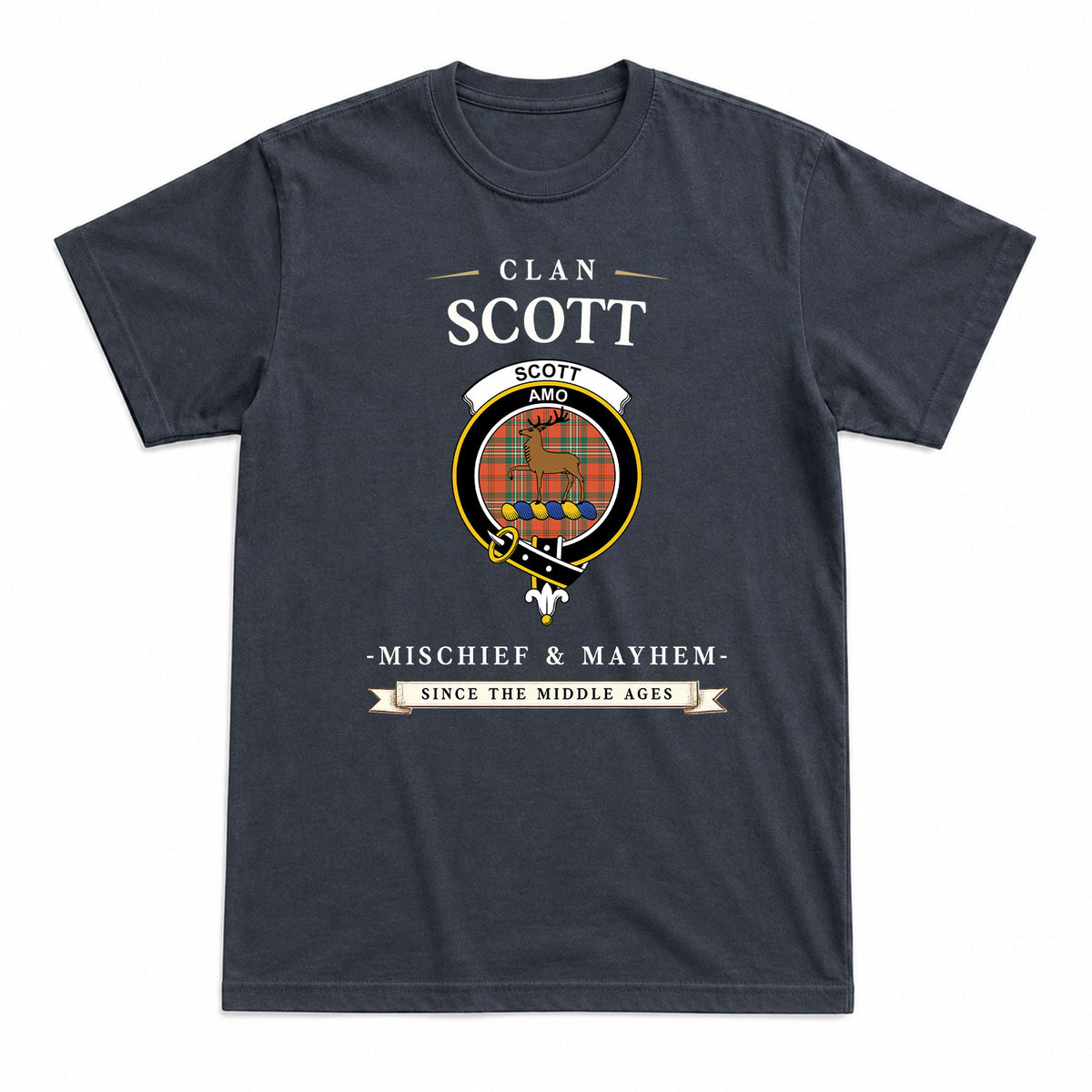Scott Ancient Tartan Crest Mischief and Mayhem T-shirt