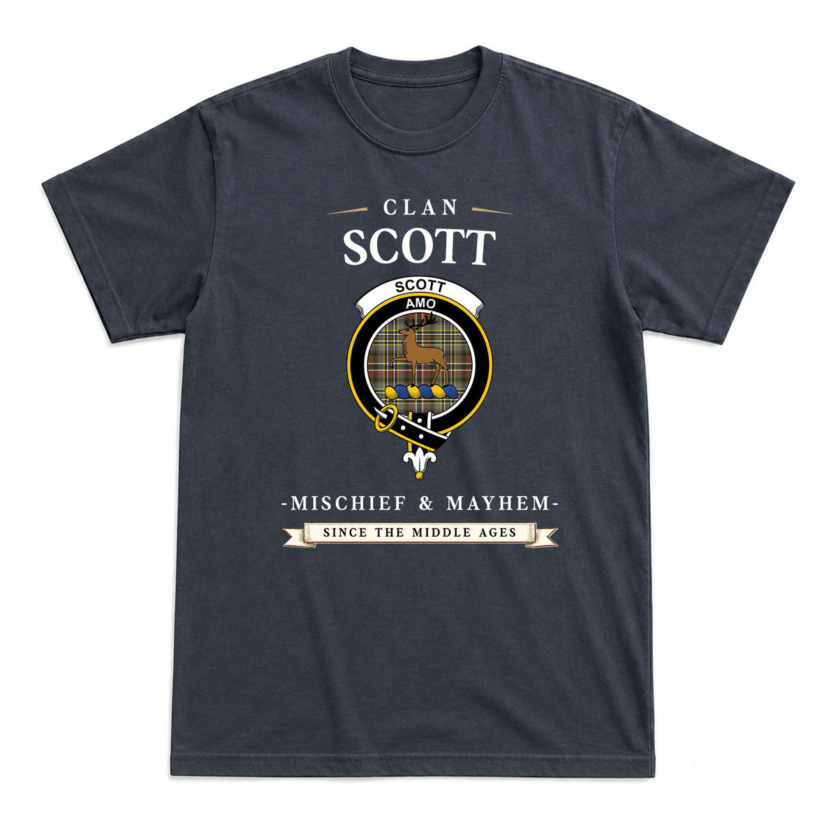 Scott Green Weathered Tartan Crest Mischief and Mayhem T-shirt