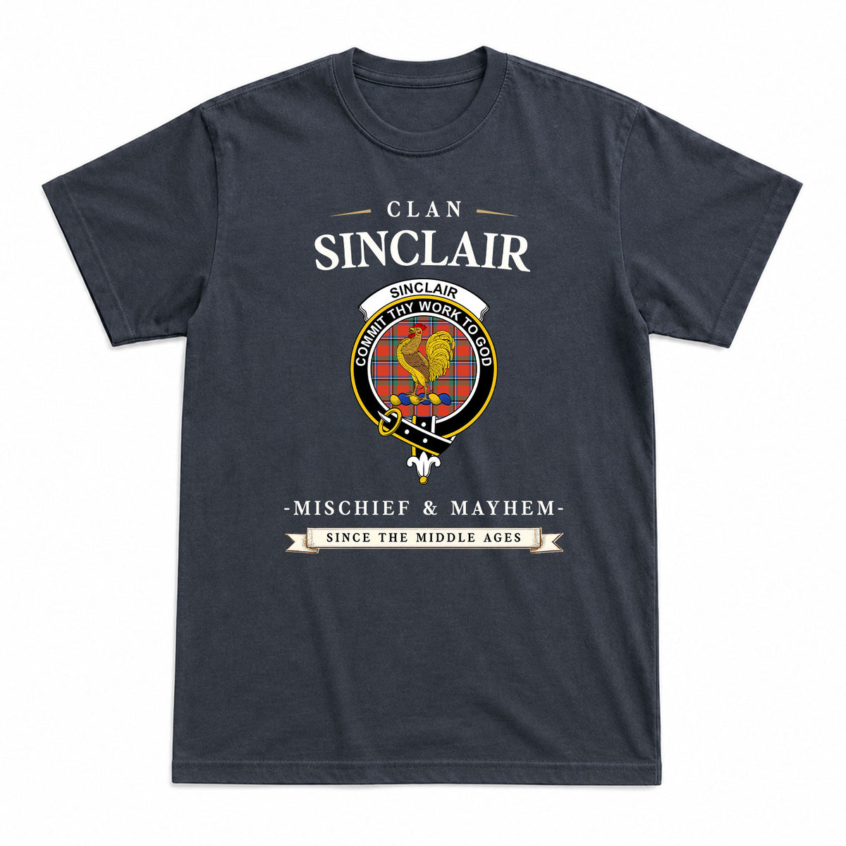 Sinclair Ancient Tartan Crest Mischief and Mayhem T-shirt