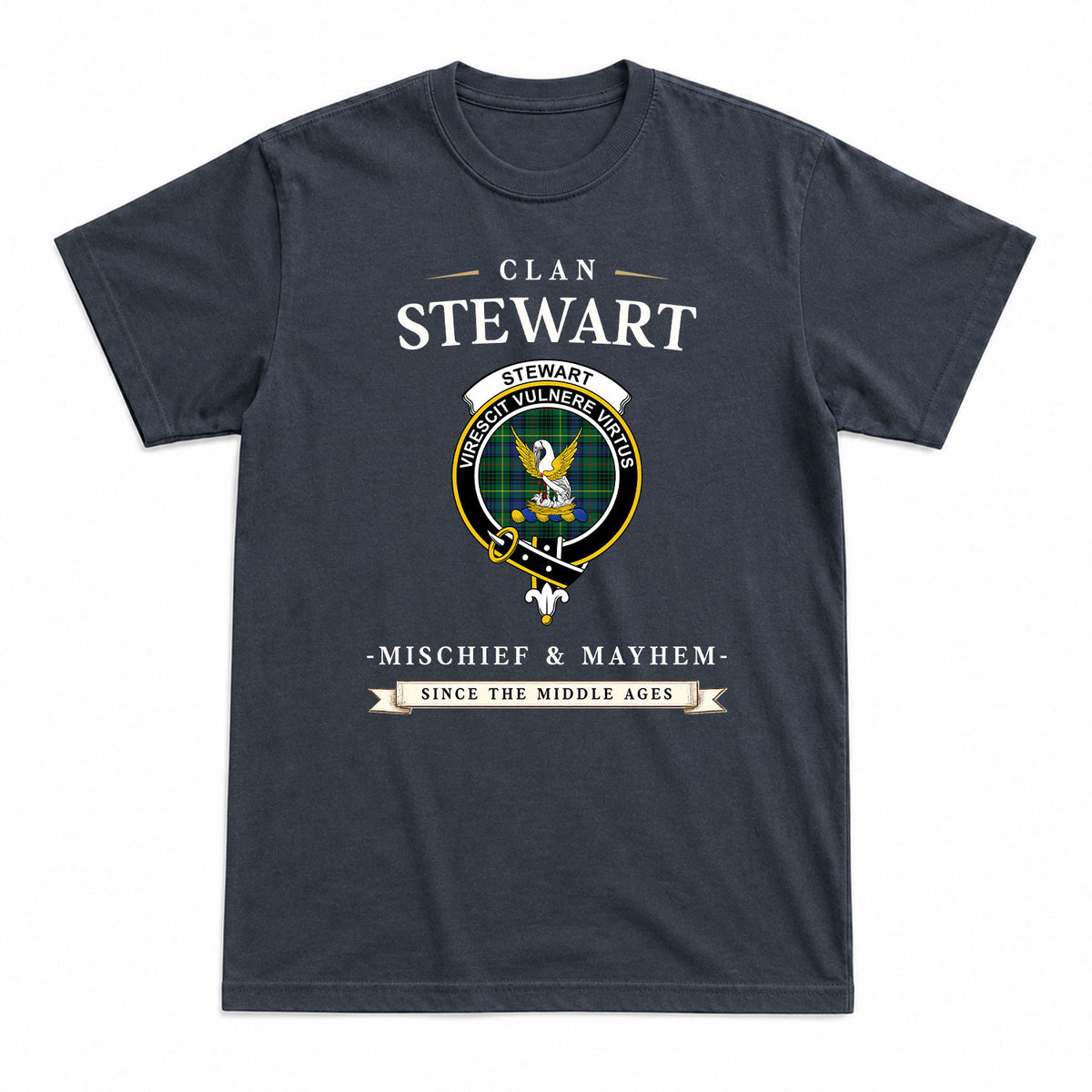 Stewart Hunting Modern Tartan Crest Mischief and Mayhem T-shirt