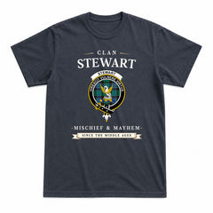 Stewart Old Ancient Tartan Crest Mischief and Mayhem T-shirt