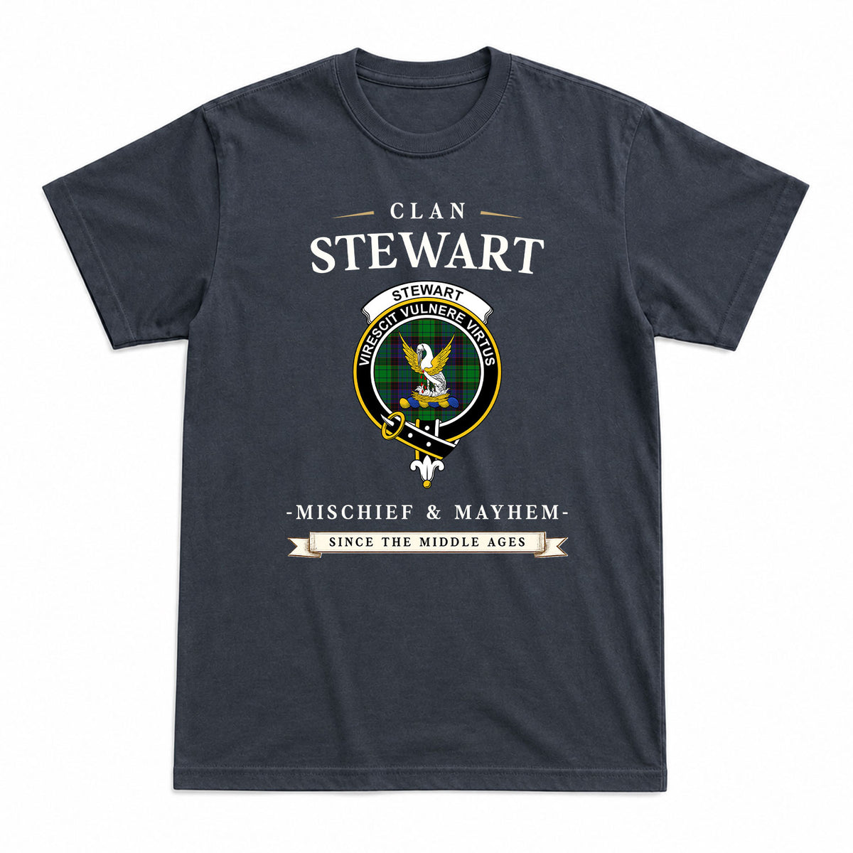 Stewart Old Modern Tartan Crest Mischief and Mayhem T-shirt