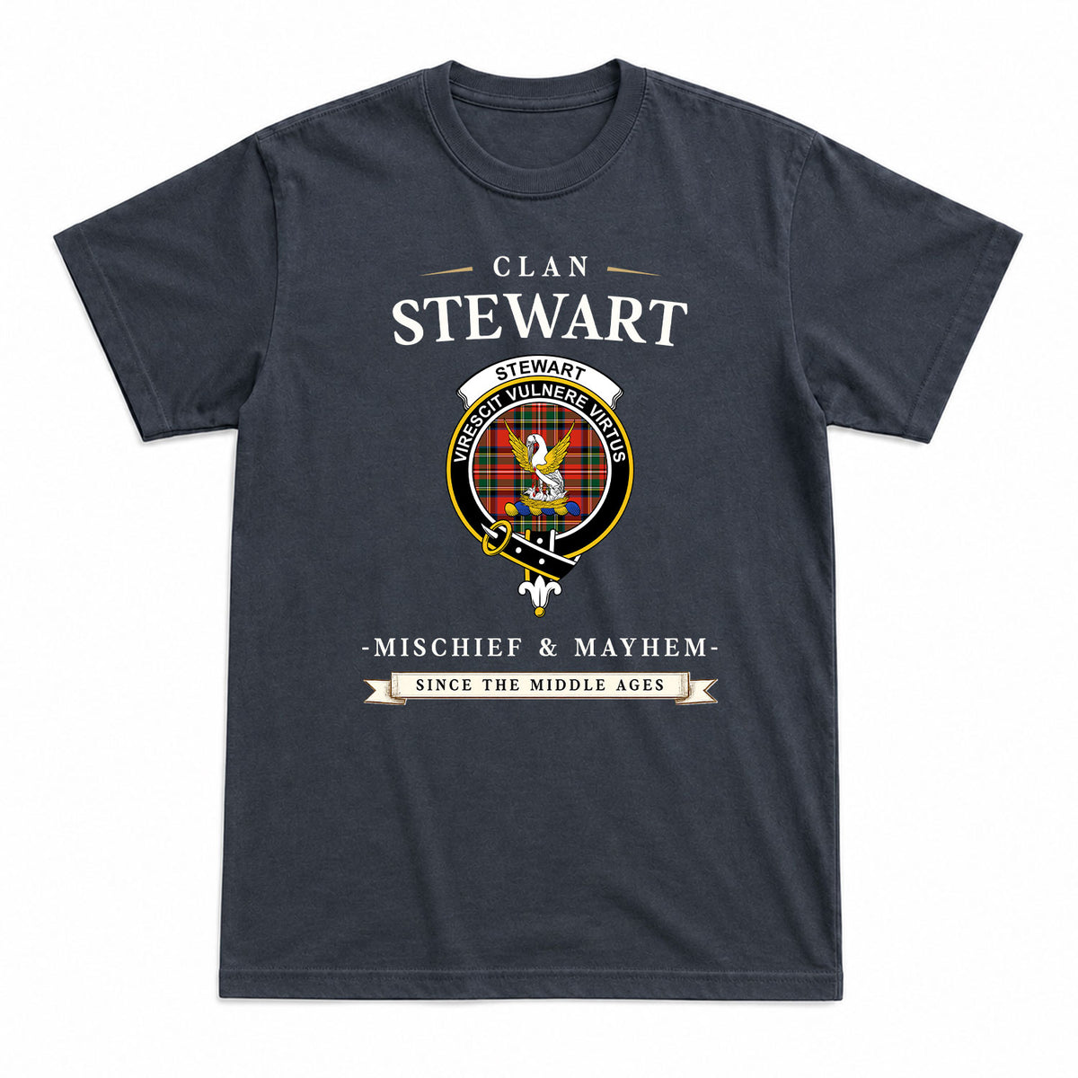 Stewart Royal Modern Tartan Crest Mischief and Mayhem T-shirt