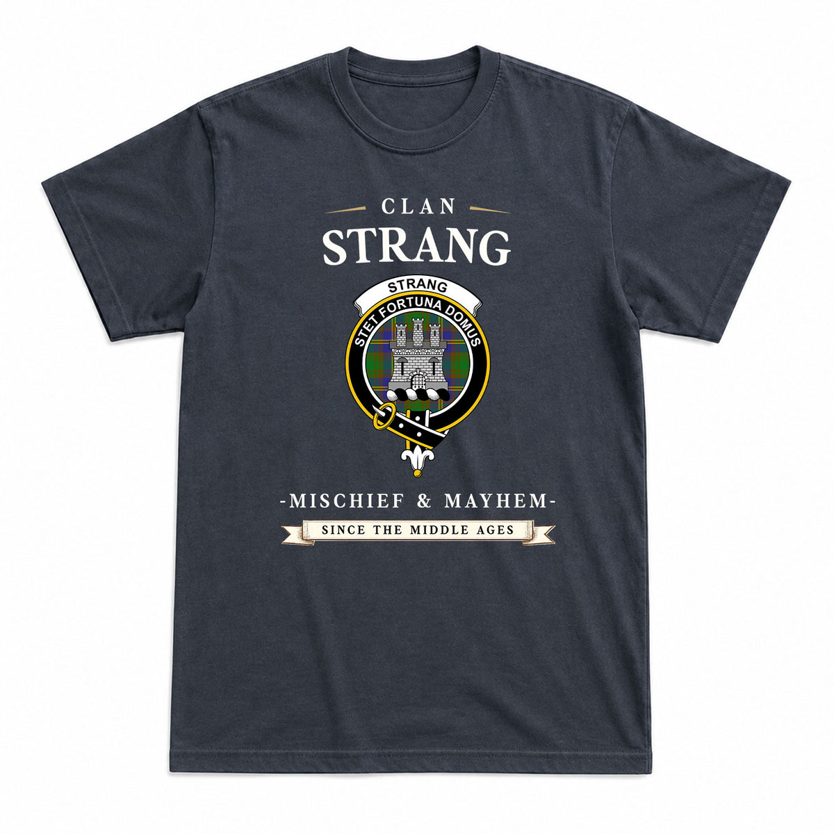 Strang (or Strange) Tartan Crest Mischief and Mayhem T-shirt