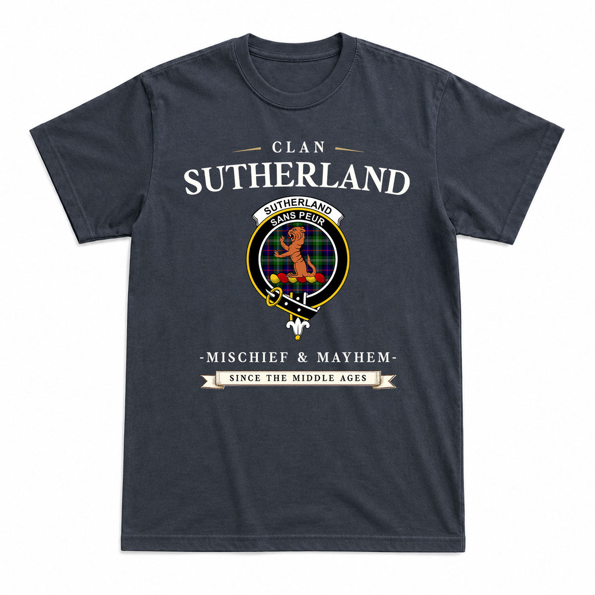 Sutherland Modern Tartan Crest Mischief and Mayhem T-shirt