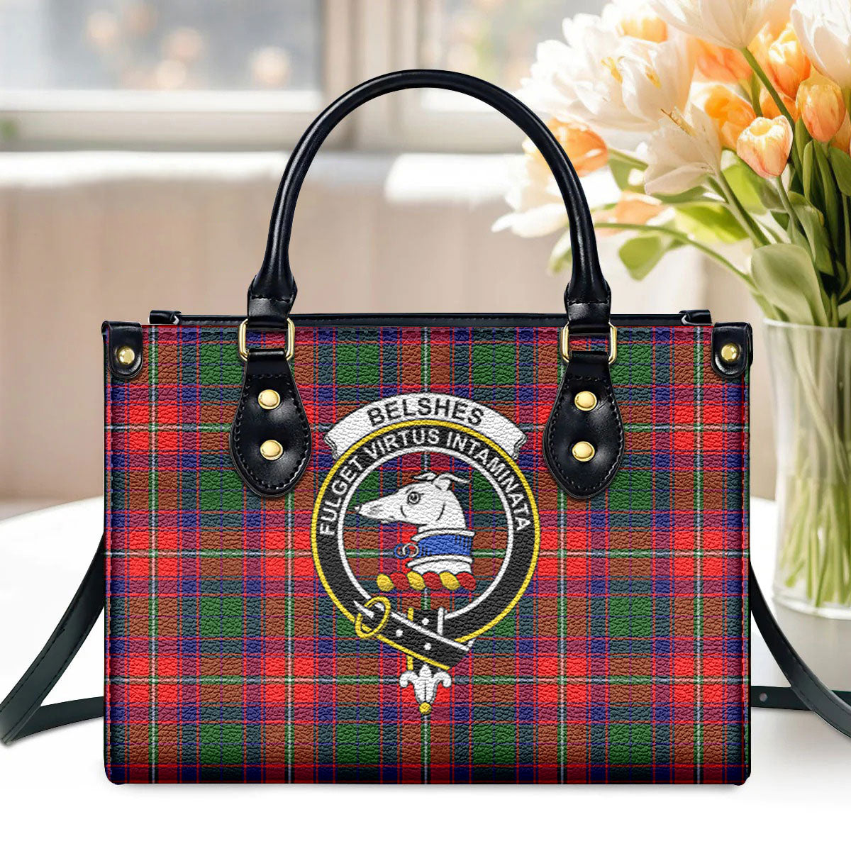 Belshes Tartan Crest Leather Handbag