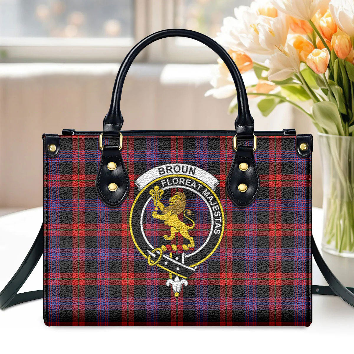 Broun Modern Tartan Crest Leather Handbag