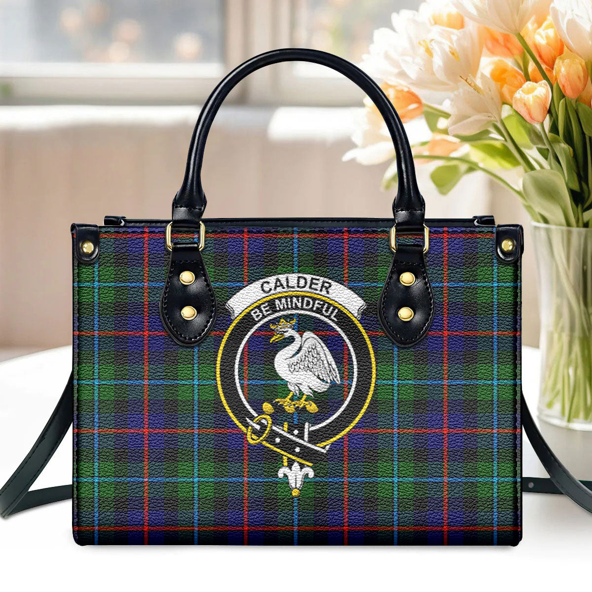 Calder (Calder-Campbell) Tartan Crest Leather Handbag