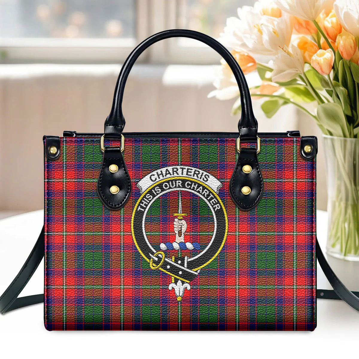 Charteris (Earl of Wemyss) Tartan Crest Leather Handbag